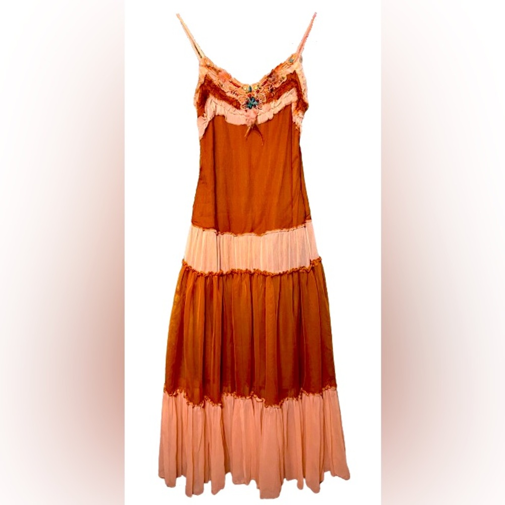 Women’s Summer Maxi Orange Sundress with Jewelry Appliqué. Size S